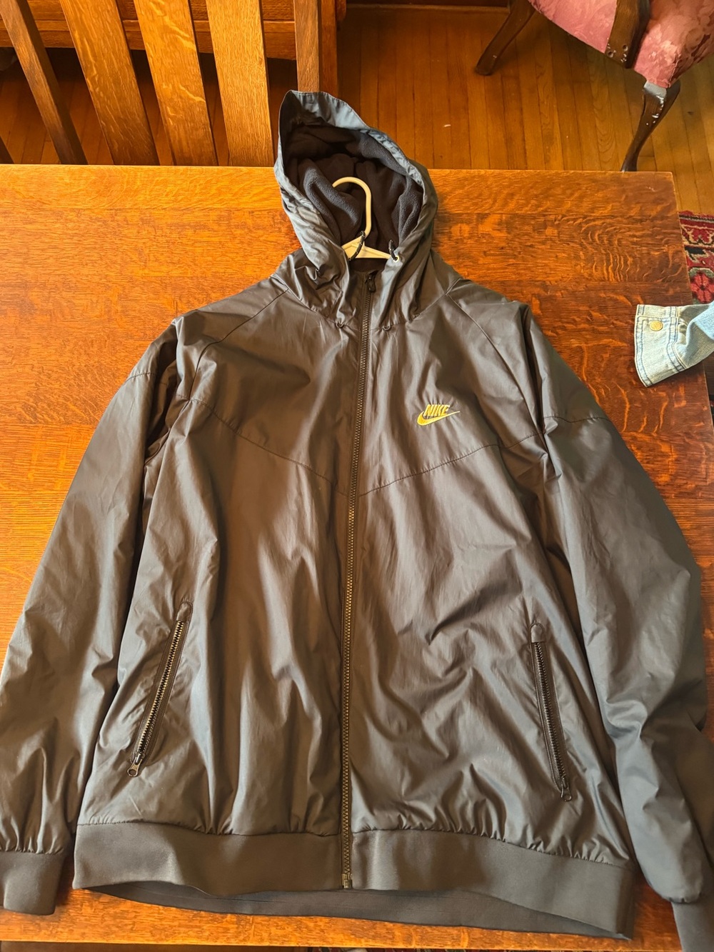 Nike Men's Dark Gray Hooded Jacket with Gold Logo